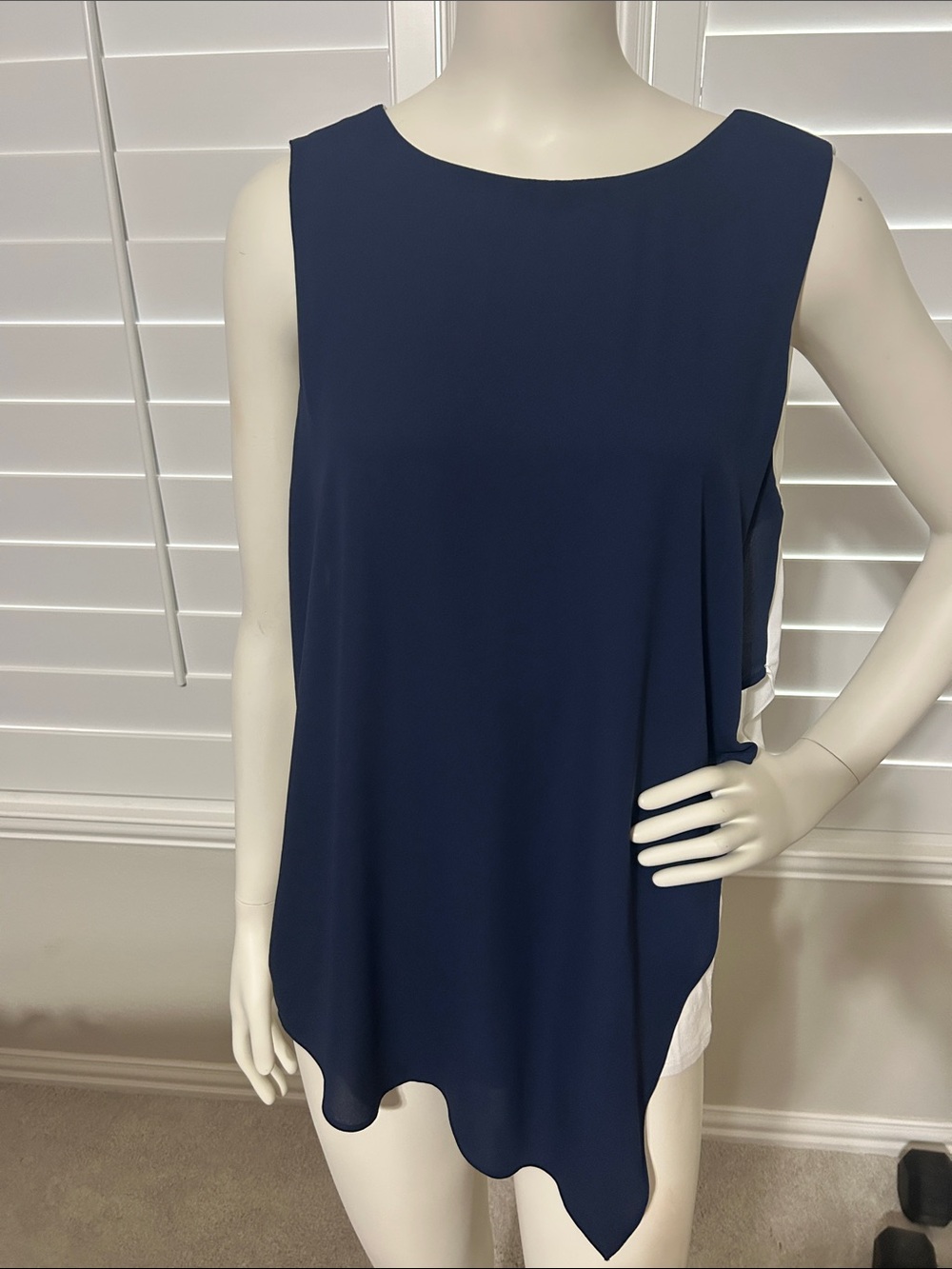 White House Black Market Navy and White Sleeveless Asymmetric Layered Top